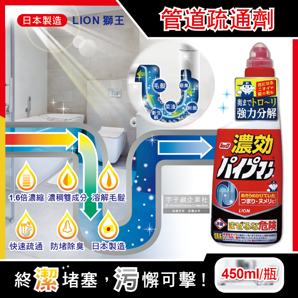 日本LION獅王-濃縮型1.6倍強力分解防堵除臭廚房衛浴馬桶排水管道疏通凝膠清潔劑450ml/紅瓶(快速溶解毛髮)✿70D033